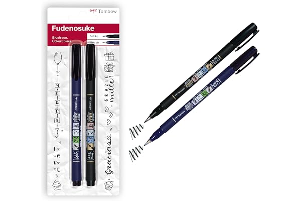 Tombow WS-BHS-2P 2 Feutres brush Fudenosuke: 1 avec Pointe Dure, 1 avec pointe souple Noir