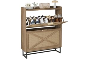 FiveWillowise Rattan Schuhschrank mit 2 Klappen, Schuhregal für Flur, schmaler Schuhkipper mit 4 Ablageflächen Schuhkommode mit Metallfüßen, Schuhaufbewahrung Holz Wand, 80x23,8x101,7 cm, Braun
