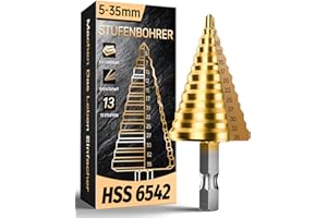 FAHEFANA® Broca Conica Escalonada, HSS 6542 Titanio [5-35mm], Para Metal/Acero Inoxidable/Madera/Hierro/Aluminio/Plástico, Broca profesional de 13 pasos, Perforación de gran tamaño