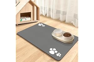 DOLIC Tapis de Nourriture pour Animaux, Tapis Absorbant pour Gamelle de Nourriture et d'eau, Séchage Rapide, Tapis pour Nourriture de Chien et Chat avec Dos en Caoutchouc (Light Grey-4 Paws, 60 x 90 cm)