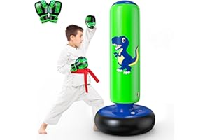 QPAU Sacco da Boxe Gonfiabile per Bambini con Guantoni, Sacco da Pugilato Stabile 3-8 Anni, Giocattolo Dinosauro e Regalo per Bambini/e - Kit Boxe per Karate e Taekwondo