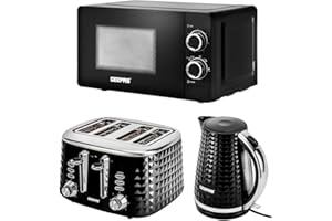 GEEPAS Electric Kettle 4 Slice Bread Toaster & Microwave Kitchen Set | 2200W 1.7L Textured Cordless Kettle | 1750W Toaster with 7 Level Browning Control | 700W Solo Manual Dial Microwave 20L | Black
