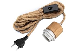 WPQIUZS 500CM Hanfseil Hängelampe mit Stecker, Holz Lampenfassung E26/E27 mit Kabel, Lampenkabel mit Schalter, Pendelleuchte mit Stecker, Hängeleuchte Steckdose, Hanfseil Kabel Fassung, DIY zu Hause Ideen