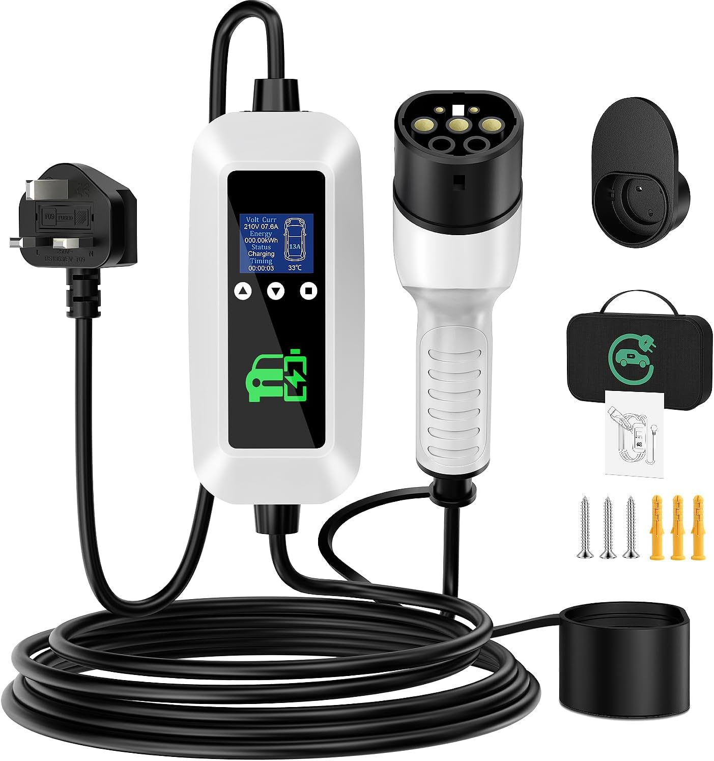FNITAER EV Charger Cable Type 2 to 3 Pin Plug 2.99kw, 6M, 8/10/13A, Adjustable Current EV Charger,With LED Screen Timing Delay IP66/IP65, With Carry Bag and Type 2 EV Cable Holder for EVs and PHEVs