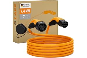 LAPP MOBILITY Câble de Recharge de Type 2 7,4 KW - 7 Mètres - Lisse - 32 A - monophasé - Câble de Recharge pour Voiture électrique - Mode 3 - Made in Germany, Orangé