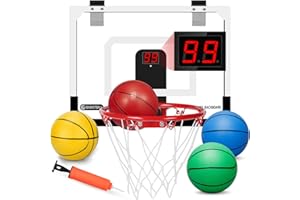 MECHANIKER Pro Indoor Mini Basketball Hoop Set, Wall Mount Automatic Scoring Basketball Hoop with 4 Rubber 16CM Ball, Over Door Electronic Scoreboard Large Dunk Rim Gift for Pool Office Sport Game for Boy Girl