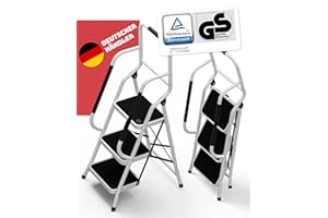 STACKMEISTER Sicherheitsleiter 3 Stufen Klappbar I TÜV Rheinland Zertifiziert I Belastbar bis 150kg I Anti-Rutsch-Füße und Trittstufen I Trittleiter mit Handlauf I Sicherheitsleiter für Senioren I Weiß