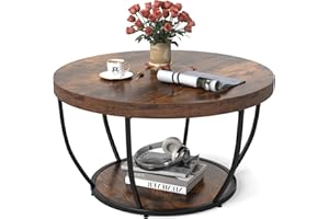 COSTWAY Stolik kawowy, okrągły, drewniany stolik do sofy, z 2 poziomami i metalową ramą, stół do salonu, stolik kawowy 80 cm, D, do salonu, recepcji, biura (rustykalny brąz)