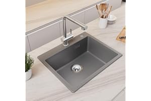CECIPA Evier Cuisine Gris 55x45cm, 80% Sable Quartz Evier en Granit, 1 Bac À Encastrer, Évier Cuisine Avec Siphon & Trop Plein