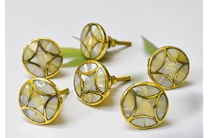 ARTISNO Lot de 6 boutons de commode en nacre – Quincaillerie d'armoire contemporaine dorée, boutons et poignées en laiton, poignées élégantes pour meubles, commodes, armoires et tiroirs (design 3)