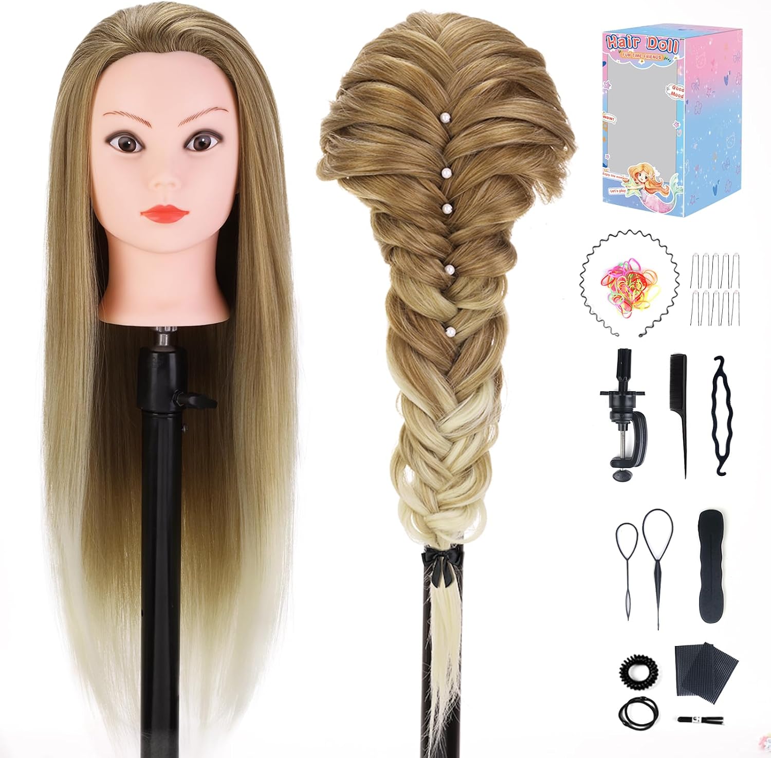 TopDirect 75cm/29.5" Cabeza de maniquí de Fibra sintética Cabello Peluquería Maniquí Muñeca, Formación Muñeca de la Cosmetología con Soporte + Accesorios de Peinado Kit Set