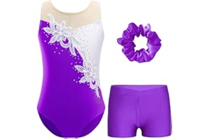 TTAO Ensemble de Gymnastique Enfant Fille Justaucorps sans Manches avec Shorts et Bandeau Tenue de Patinage Artistique Dancewear 5-16 Ans