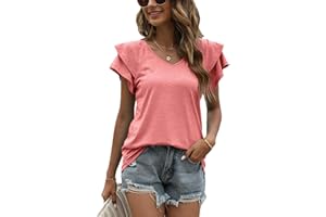 DECORIE T Shirt Donna Estive con Scollo a V e Balze Manica Corta Magliette Donna Elegante Rilassato Bluse e Camicie da Donna