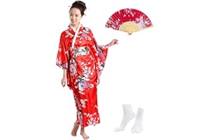 KRUIHAN Traditional Japanese Kimono Women Yukata Robe Silky Dressing Gown Japanese Style Dresses for Women,Party Fancy Dress Cosplay Costume with Folding Fans Tabi Socks Set