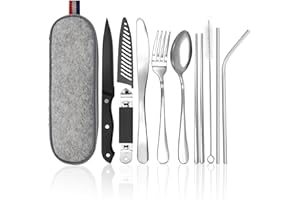 CRIVEPLE Lot de 10 couverts de camping portables en acier inoxydable 304 avec pochette à couverts, pour voyage, camping, voyage et activités de plein air