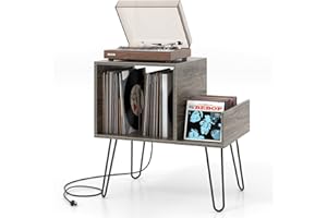 KOMFOTTEU Supporto per Giradischi con Stazione di Ricarica, Porta Dischi Vinile Vintege con Pareti Divisorie e Ripiano Laterale, Espositore per Dischi in Vinile Fino a 145 Album, 66x45x67cm (Grigio)