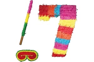 Party Factory – Pinata Set Stab & Augenmaske Geburtstagsdeko Kinder zum Befüllen & aufhängen – Schlag-Piñata als Party Deko in 50x35x8 cm für Kindergeburtstag & Mottopartys – Partyspiel Pinjata Zahl 7