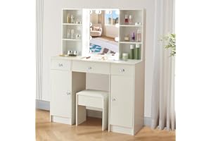 Buildonely Big Dressing Table with LED Lights, Adjustable Brightness, 3 Color Temperatures, Vanity Table with Mirror, 3 Drawers, 1 Stool, Modern, White, 40x100x140 cm, SD3166U1203