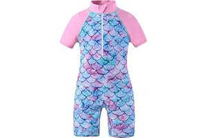 OFIMAN Girls Swimming Costume Girls Swimsuit Toddler Kids Short Sleeve Zipper Swimwear One Piece Bathing Suit