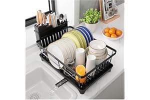 PurKeep Abtropfgestell Geschirr - platzsparender Abtropfgestell,Geschirrabtropfgestell für die Küchentheke mit Besteckhalter,Küchen-Geschirrständer mit Drehbarem Auslauf, Schwarz