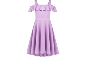 Arshiner Girls Summer Dress Off Shoulder Children's Dress Ruffle Sleeves Elegant Strap Dress Children A Line Swing Dress High Low Dress Casual Dresses with Pocket 4-13Years