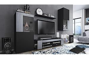 Vladon Wohnwand Movie, Anbauwand bestehend aus 1 TV-Board, 2 Vitrinen und 1 Regal, Schwarz matt/Schwarz matt/Avola-Anthrazit (Gesamt: 300 x 190 x 39 cm)