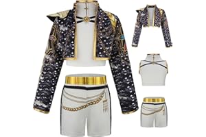 Kolegrial Bambina Rumi Costume Cosplay Demone Cacciatore Rumi Performance Show Anime Uniforme Capispalla e Top Pantaloni Set 3 pezzi per Carnevale Halloween Festa Mascherata Costume, 4-12 anni