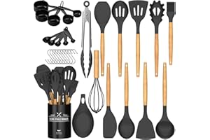 Umite Chef - Juego de 24 utensilios de cocina antiadherentes de silicona con soporte, mango de madera resistente al calor