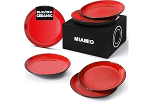 MIAMIO – 6 x Plate/Dinner Plate Set Stoneware Ceramic Tableware Set - Le Papillon Collection (Red, Big Plate)