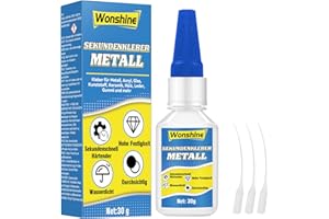 WONSHINE Sekundenkleber für Metall, Metallkleber Extra Stark, Wasserfester und Hitzebeständiger, mit Anti-Trocknungsspitze, für Stahl, Zink, Aluminium und mehr, 30 g