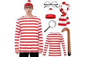 Maryparty Wally Costume Set Long Sleeve Red & White Stripe Top + Red & White Bobble Hat + Black Nerd Glasses Fancy Dress Costume Set for World Book Day