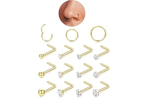 FIOROYAL 15PCS 20G Piercing Nez en Acier Chirurgical,L Forme Vis Percing au Nez Plaqué Or 14K,18G Clicker Piercing Nez Anneaux pour Femme Homme,Piercing Helix Septum Anneau Argent Or Bijoux Femme