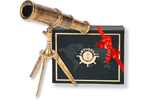 Antiqula Telescopio decorativo de latón vintage en trípode, vidrio espía pirata antiguo con caja de regalo, telescopio de mano náutico monocular ideal para decoración del hogar, regalos, viajes,