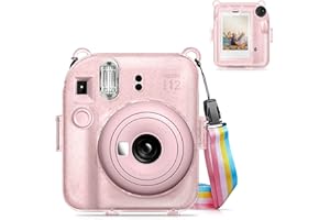 Fintie Etui do Fujifilm Instax Mini 12 - przezroczyste twarde etui ochronne z pokrowcem i zdejmowanym paskiem tęczy, Połyskujący różowy, Przezroczyste, twarde etui ochronne