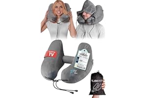 FLOWZOOM Air Inflatable Travel Pillow for Airplane & Car – H-Shape Flight Pillow with 5 Sleeping Positions, Quick Inflation, Adjustable Pressure, Detachable Hood, Soft Plush Cover – Size L, Grey