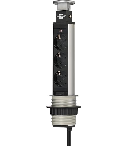 Brennenstuhl Tower Power Tafelstekkerdoos – 3-voudig, Inbouw, 2 Meter Kabel, Aluminium/zwart, Met Contactbescherming