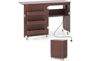 COSTWAY Mobile per Macchina da Cucire Pieghevole, Tavolo da Cucito con Stazione di Ricarica, Ruote Bloccabili, Ripiano e Contenitori (Marrone Scuro, 116 x 41 x 78 cm)