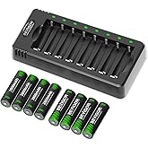 BEVIGOR 8 Pcs 2800mAh AA Rechargeable Batteries with 8 Slot LED Smart Battery Charger Set, Type C Fast Charging for Ni-MH/Ni-