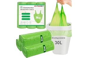Bolsas de basura biodegradables de 30L con asa, KITBEST 60 bolsas verdes para residuos de alimentos, compostables, medianas, para cocina, baño, oficina, aseo (60 x 75cm)