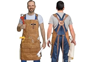 FINITYPRO Waxed Canvas Woodworking Apron - 22oz Leather Woodworking Apron for Men and Women, with 9 Pockets & Cross Back Straps, Adjustable Woodworking Shop Apron, Heavy Waxed Canvas Work Aprons for Men