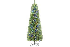 SHareconn 6FT Artificial Slim Pencil Christmas Tree, Pencil Xmas Tree With 635 Branches Tips, 240 Warm White & Multicolor Lights and Foldable Metal Stand, Christmas Decorations for Home, Green