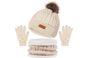 PORUPAEL Hat Scarf and Gloves Set Adult Warm Thermal Knitted Beanie Hat Cap Ski Slouchy Face Cover, Unisex Circle Scarf Scarves Stretchy Neck Touchscreen Gloves for Women Men Winter Outdoor Sports