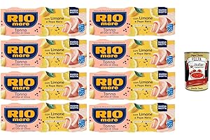 Rio Mare Tonno all’Olio di Oliva con Limone e Pepe Nero Thunfisch in Olivenöl mit Zitrone und schwarzem Pfeffer 8x195gr Packung mit 3 65g-Dosen+ Italian Gourmet polpa 400g
