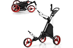 COSTWAY Carro de Golf de Empuje con 3 Ruedas, Carrito de Golf Plegable con Bolsa Recubierta en Aluminio, Tira elástica, Paraguas Regulable y Portavaso, Marcador y Freno de Pedal