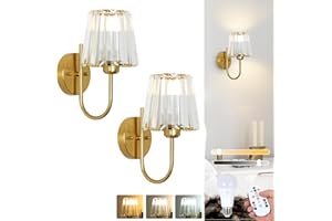 Stepeak Rechargeable Wall Lights Set of 2, Battery Operated Wall Lights with USB Bulb & Remote, Gold Battery Operated Wall Sconces with Crystal Shade, Glass Wireless Wall Lamp Indoor for Living Room