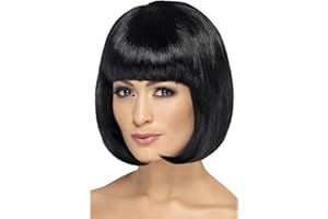 Smiffys Partyrama Wig, 12 inch, Black Short Bob with Fringe, Ladies Glamour Wigs Fancy Dress, Adult Dress Up Wigs Halloween