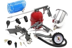 WILTEC Set de herramientas de aire comprimido 4 Pistolas de aire 8 Boquillas Manguera espiral 5m Maletín
