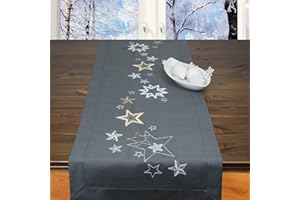 ERNST SCHÄFER Stickpackung Sterne, Tischläufer Set vorgezeichnet zum Sticken, Stickset mit Plattstich und Stielstich zum Selbersticken zur Adventszeit und Weihnachten