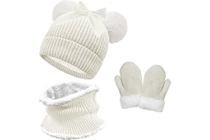 crazy bean Bonnet Echarpe et Gants pour Enfant Chaud Hiver Tour de Cou et Moufle Fille Garçon Bonnet en Tricot avec Double Pompon Fourrure Ensemble de 3 Pièces