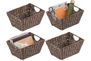 mDesign Juego de 4 cestas trenzadas con asas – Prácticas cestas organizadoras de junco marino para artículos del hogar – Organizador de estantes para salón, dormitorio, baño o pasillo – marrón oscuro